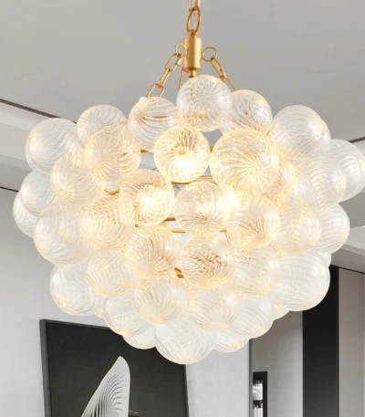 20-Inch Gold Pendant Light Chandelier with Threaded Clear Glass Globe Shade,Adjustable Height, Ideal for Living Room(No