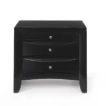 Black nightstand with two drawers and pull-out tray in modern bedroom setting - Goldoma furniture