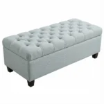 Goldoma dark brown leather storage ottoman bench in living room with pillows
