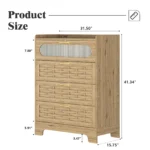 Modern 4-drawer wood dresser chest – bedroom storage organizer with woven fronts and gold handles