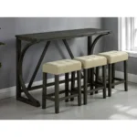 Modern brown dining table set with USB ports and three beige biscuit-tufted stools