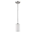 HMS modern antique silver frosted glass hanging light with warm white light, shown against a dark background,