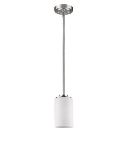 HMS modern antique silver frosted glass hanging light with warm white light, shown against a dark background,