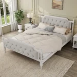 Goldoma queen bed frame with tufted headboard in solid oak wood and velvet upholstery