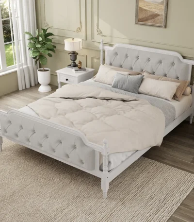 Goldoma queen bed frame with tufted headboard in solid oak wood and velvet upholstery