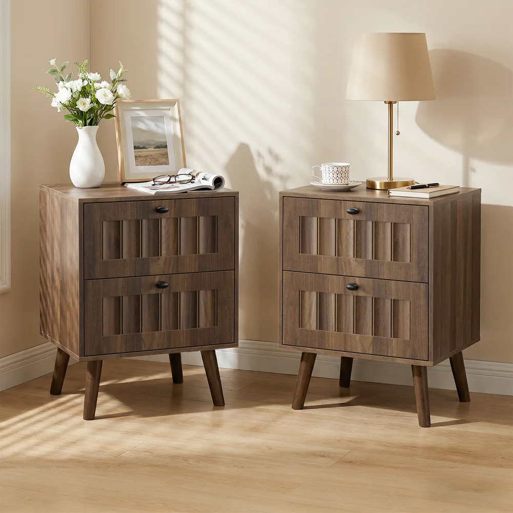 Hb8b7ecf592e24958bdd968da610f9ae14.webp Modern double drawer nightstand with solid wood legs in walnut finish against a bedroom wall