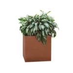 Close-up of the square outdoor planter showing the textured rusted metal surface and clean edges.