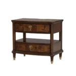 Modern nightstand with power outlet, dark cherry finish, gold legs, two drawers, and key knobs - Goldoma