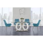 Goldoma white glass dining table with chrome base and geometric design