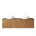 Goldoma bathroom vanity with two round white basins, floating design against a tiled wall, with cabinet doors open