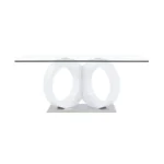 Goldoma white glass dining table with chrome base and geometric design