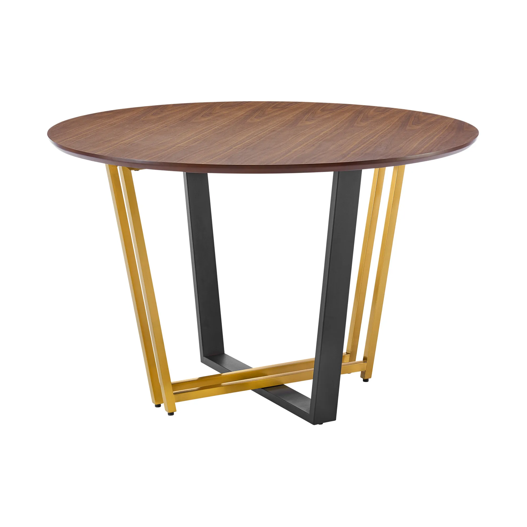 Hb9a658c69dfe477c96b48776d8747fc4g.webp Round dining table for 4 with brown wood top and gold iron sled base in a cozy dining room