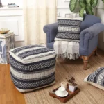 Goldoma handwoven cotton unstuffed boho pouf cover in indigo on a light background
