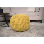 Yellow knitted cotton pouf 30-inch floor ottoman by Goldoma for living room decor
