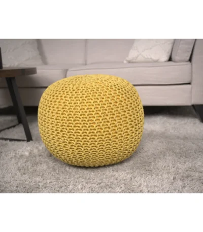 Yellow knitted cotton pouf 30-inch floor ottoman by Goldoma for living room decor