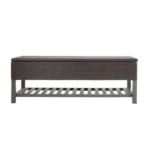 Goldoma Regent storage bench with metal rack featuring woven rattan top and black metal frame in entryway