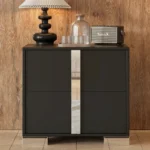 Modern mirrored nightstand with two drawers and metal feet in a bedroom setting