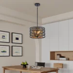 Close-up of 3-light black and walnut metal cage chandelier, showing wood grain and cage details against a white ceiling.