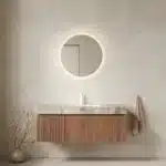 48-inch floating plywood bathroom vanity in light gray, with sintered stone top and ceramic basin, front view against a