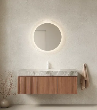 48-inch floating plywood bathroom vanity in light gray, with sintered stone top and ceramic basin, front view against a