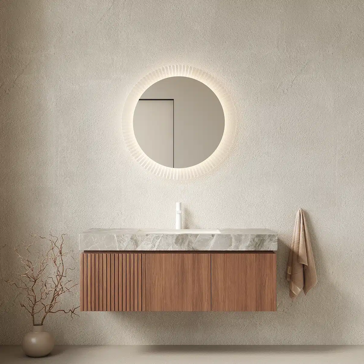 48-inch floating plywood bathroom vanity in light gray, with sintered stone top and ceramic basin, front view against a