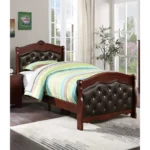 Goldoma Dark Cherry Twin Bed with espresso faux leather tufted headboard