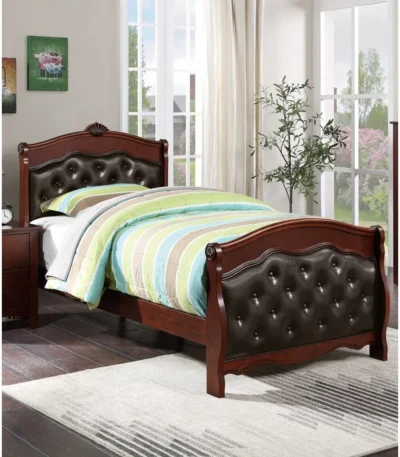 Goldoma Dark Cherry Twin Bed with espresso faux leather tufted headboard