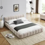 Queen size upholstered bed frame with thick chenille fabric and plush headboard by Goldoma