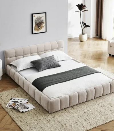 Queen size upholstered bed frame with thick chenille fabric and plush headboard by Goldoma