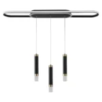 Close-up of black 3-light acrylic pendant chandelier showing the sleek metal frame and clear acrylic shades.