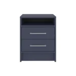 Kronos Blue nightstand with two drawers and open shelf in a modern bedroom setting.