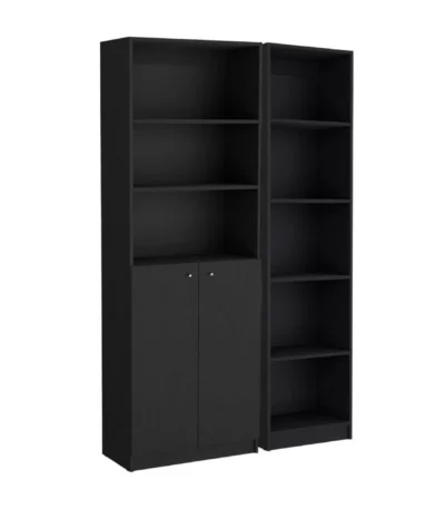 HMS 71 Black Five-Tier Oak Bookshelf Minimalist Design with Two Doors for Home Office Workshop or Living Room