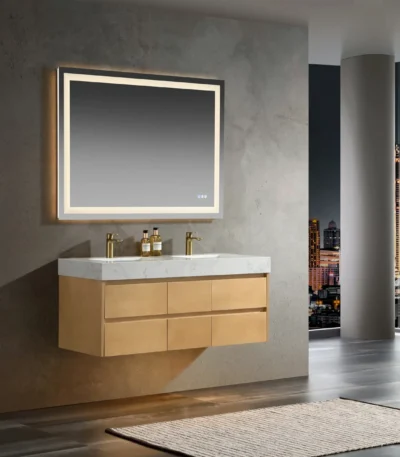 Double sink 48-inch maple floating bathroom vanity with sintered stone top, front view against a tiled wall.
