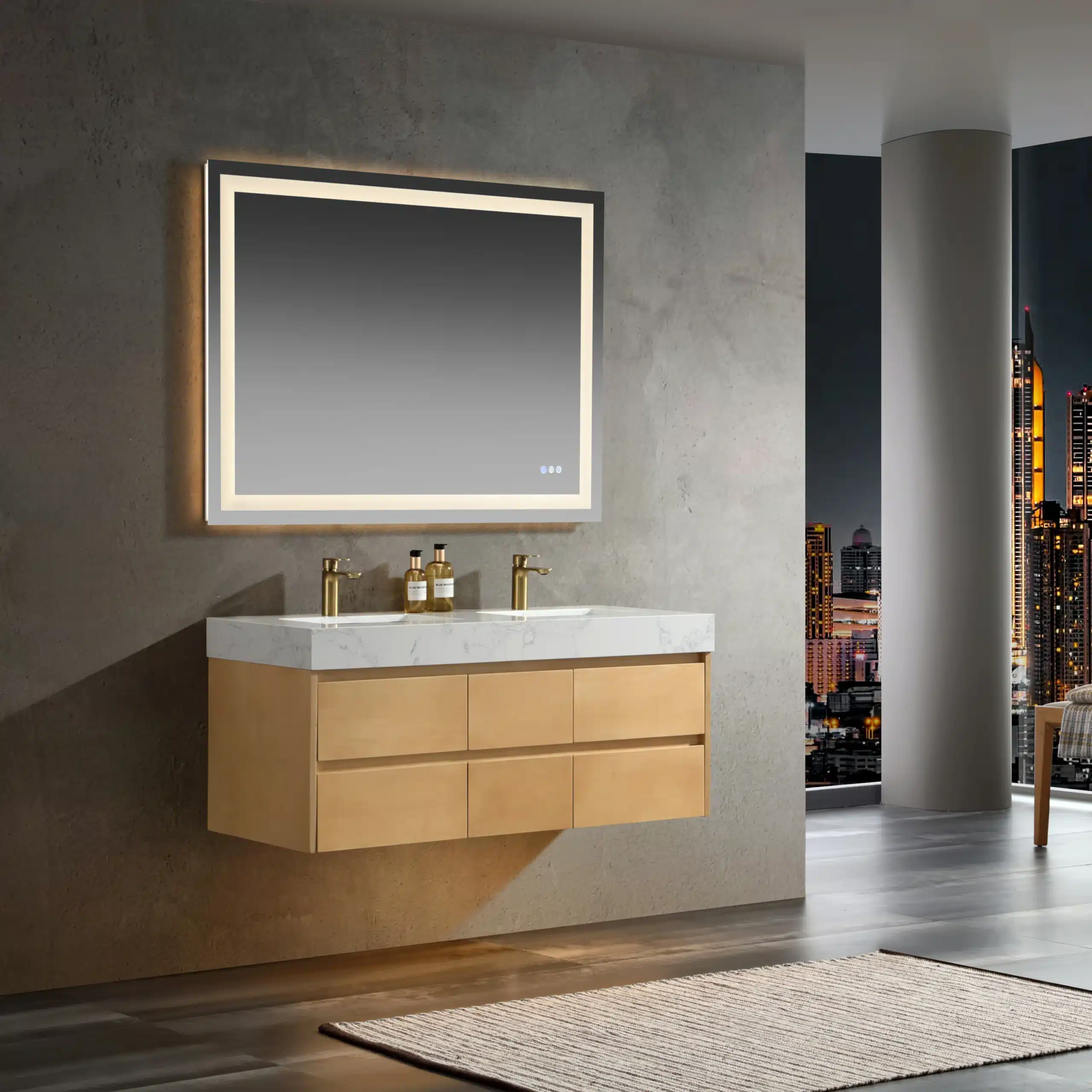 Double sink 48-inch maple floating bathroom vanity with sintered stone top, front view against a tiled wall.