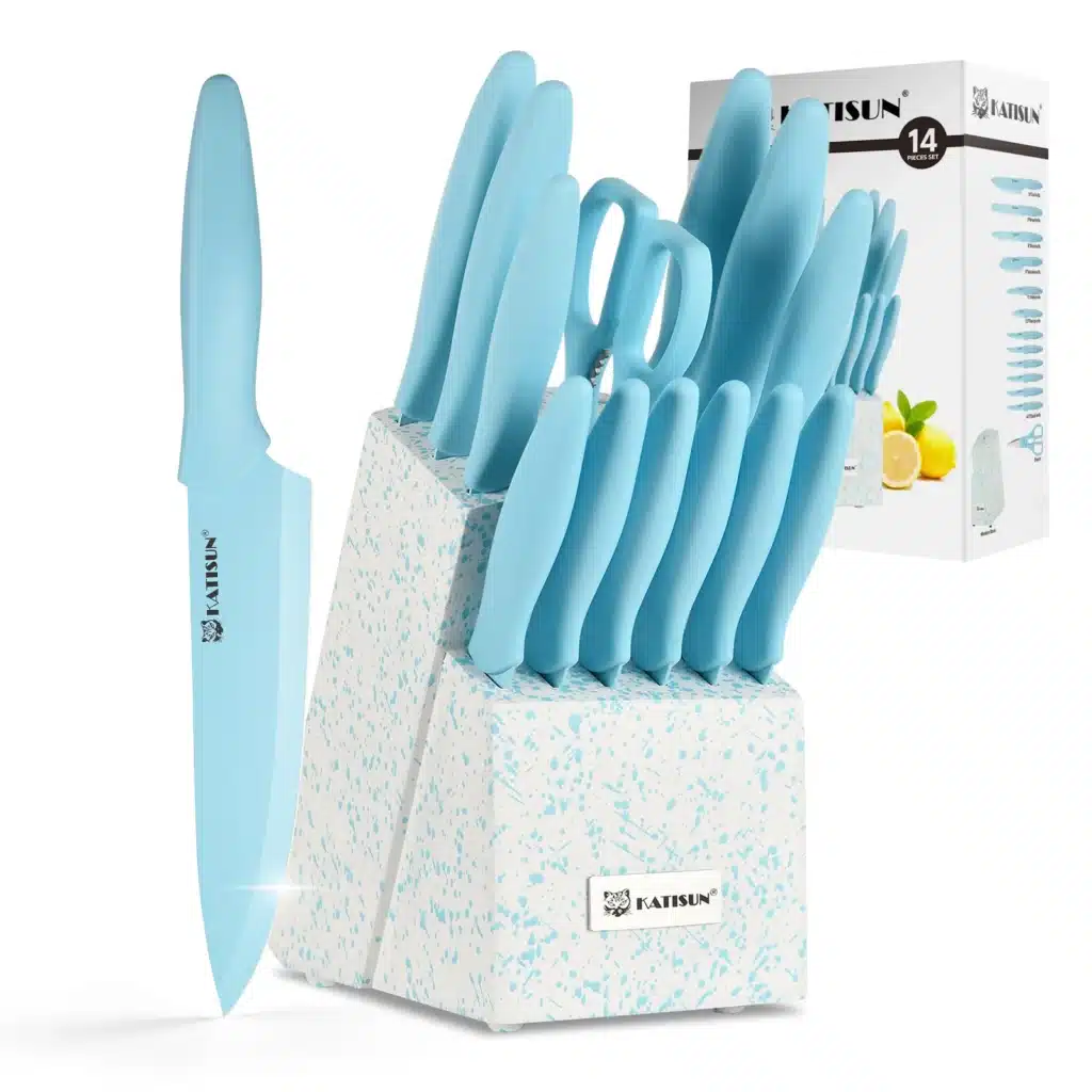 No Rust 14 Pieces Blue Stainless Steel Blade Kitchen Knife Set with Wooden Stand Kitchen Scissors