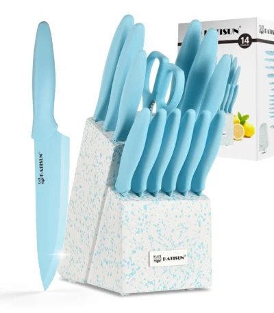 No Rust 14 Pieces Blue Stainless Steel Blade Kitchen Knife Set with Wooden Stand Kitchen Scissors