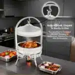 7L/7.4Qt Stainless Steel Buffet Warmer, 42cm/16.5in, 3-Color Carved Chafing Dish with Heating Stove – base detail
