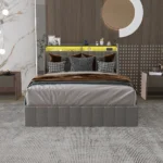 Goldoma full size bed frame with LED lighting and wings headboard in light grey linen, featuring four under-bed storage drawers