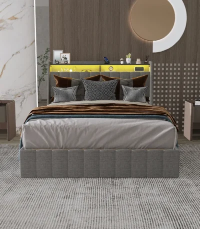 Goldoma full size bed frame with LED lighting and wings headboard in light grey linen, featuring four under-bed storage drawers