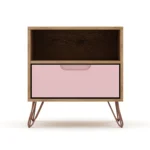 Pink nightstand with wooden frame and metal legs for bedroom storage