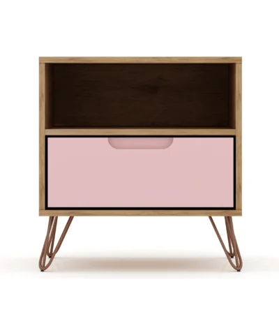 Pink nightstand with wooden frame and metal legs for bedroom storage