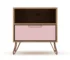 Pink nightstand with wooden frame and metal legs in a cozy bedroom setting