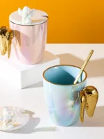Creative Pearlescent Colored Ceramic Mug with Angel Wings, Coffee Cup with Lids, Cute Flower Tea Tazas Afternoon
