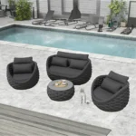Modern outdoor sofa set with cushions on a garden patio