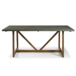 Modern farmhouse solid wood V-frame trestle dining table in grey and brown finish