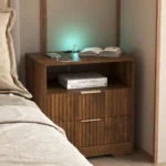 Wood nightstand with USB charging station and night light in bedroom setting