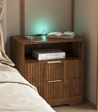Wood nightstand with USB charging station and night light in bedroom setting