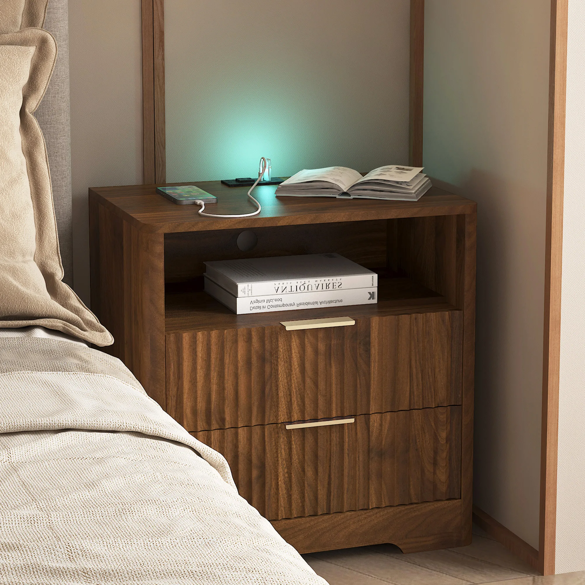Hbc6c0a23cd35479d99c4036b2d5d901dE.webp Wood nightstand with USB charging station and night light in bedroom setting