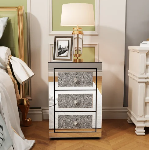Modern Crystal Diamond 3-Drawer Nightstand with Mirrored Finish