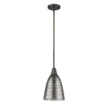 HMS contemporary bronze hanging light with ribbed pebbled glass shade in warm white, suspended over a wooden dining